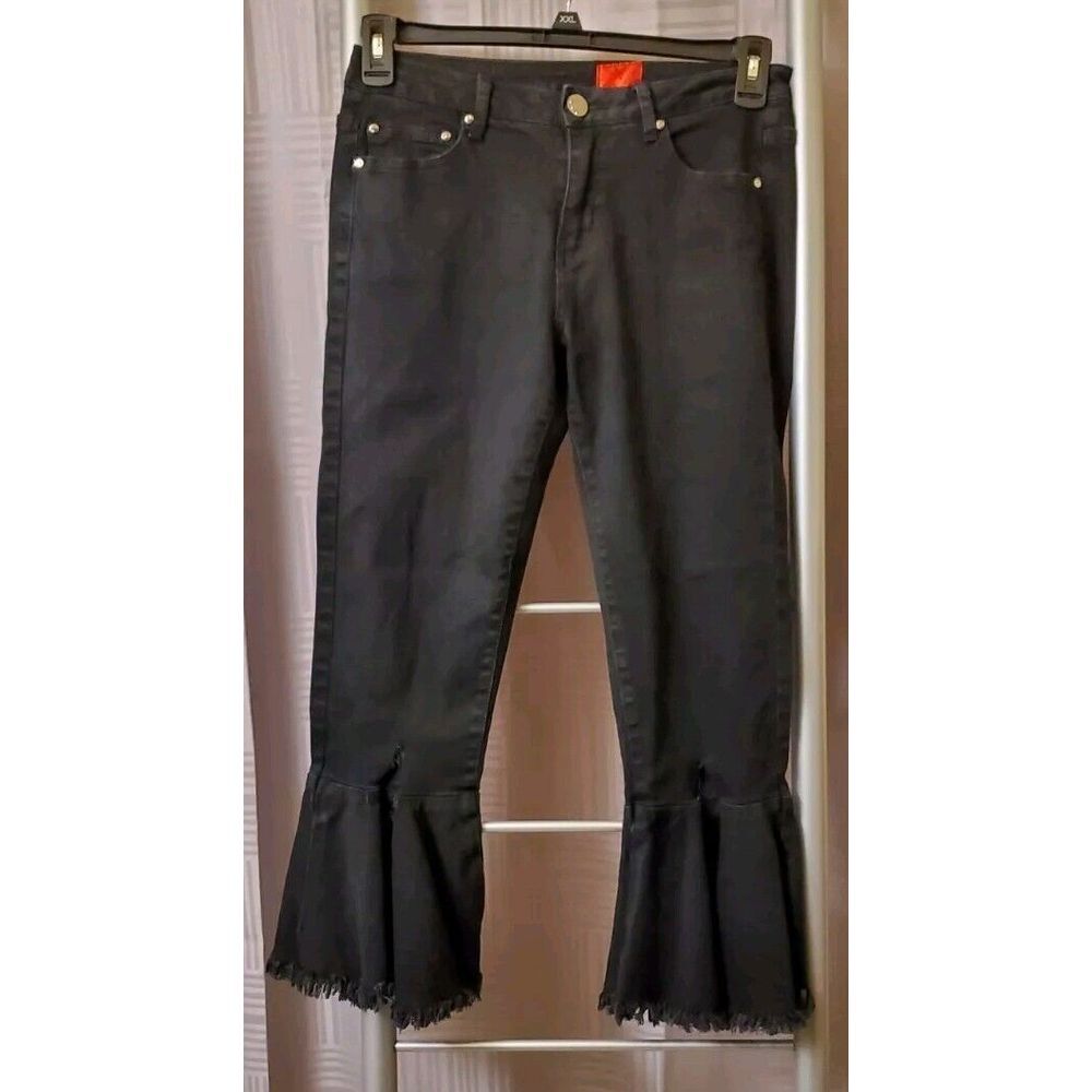 V Cristina Jeans Womens 4 Rhinestones Rivets Black Flared  Denim‎ Raw Hem Slit